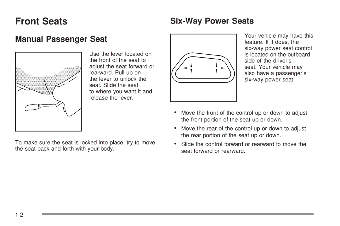 Buick 2006 manual Front Seats, Manual Passenger Seat, Six-Way Power Seats 