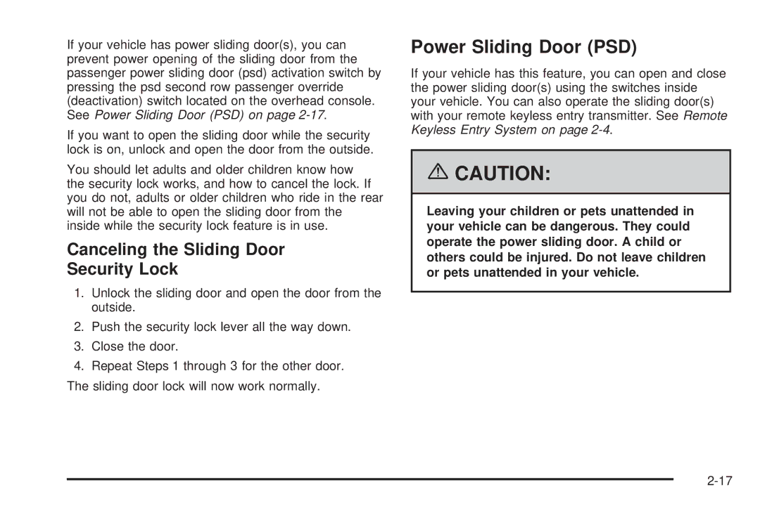 Buick 2006 manual Power Sliding Door PSD, Canceling the Sliding Door Security Lock 