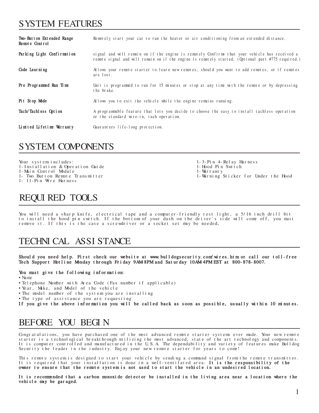 Bulldog Security RS82 manual System Features, System Components, Required Tools, Technical Assistance, Before YOU Begin 