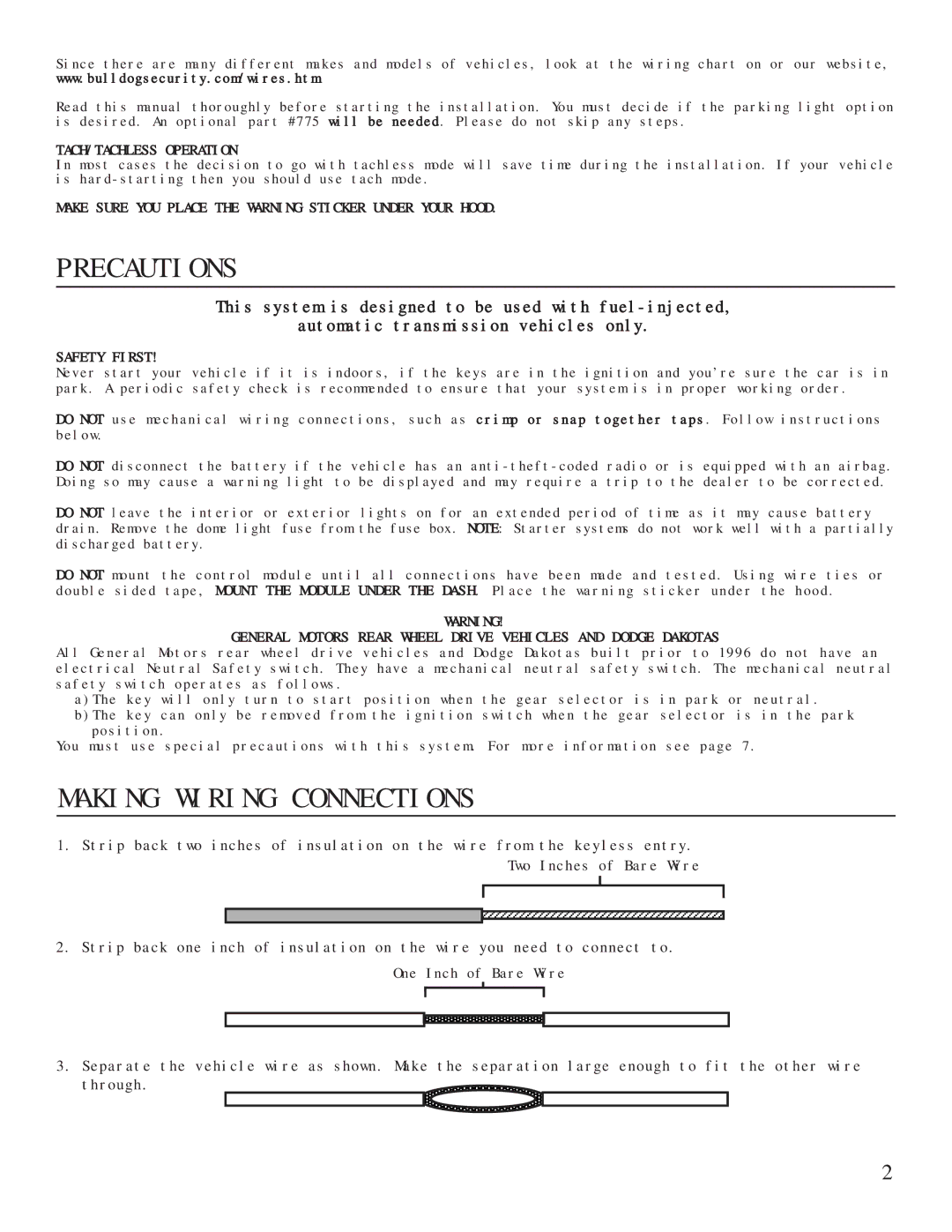 Bulldog Security RS82 manual Precautions, Making Wiring Connections 