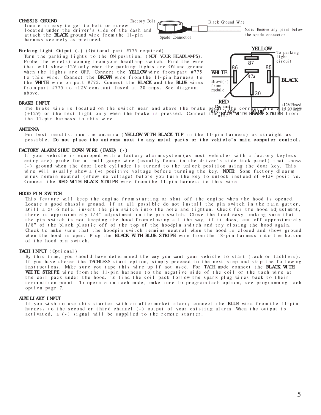 Bulldog Security RS82 manual Chassis Ground, Brake Input, Antenna, Factory Alarm Shut Down Wire Fasd, Hood PIN Switch 