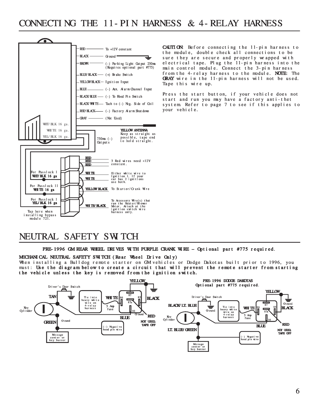 Bulldog Security RS82 manual CONNECTING THE 11-PIN HARNESS & 4-RELAY HARNESS, Neutral Safety Switch 