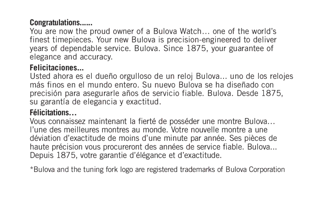 Bulova 100 manual Congratulations 