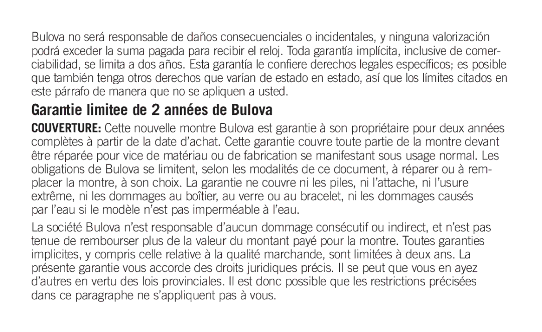 Bulova 100 manual Garantie limitee de 2 années de Bulova 