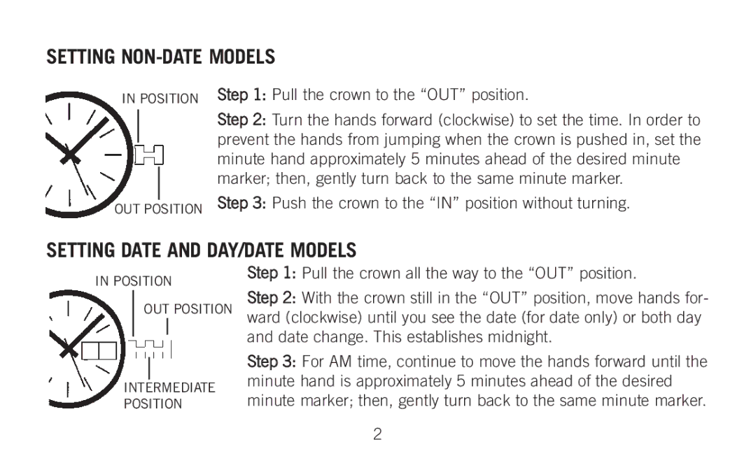 Bulova 100 manual Setting NON-DATE Models, Setting Date and DAY/DATE Models 