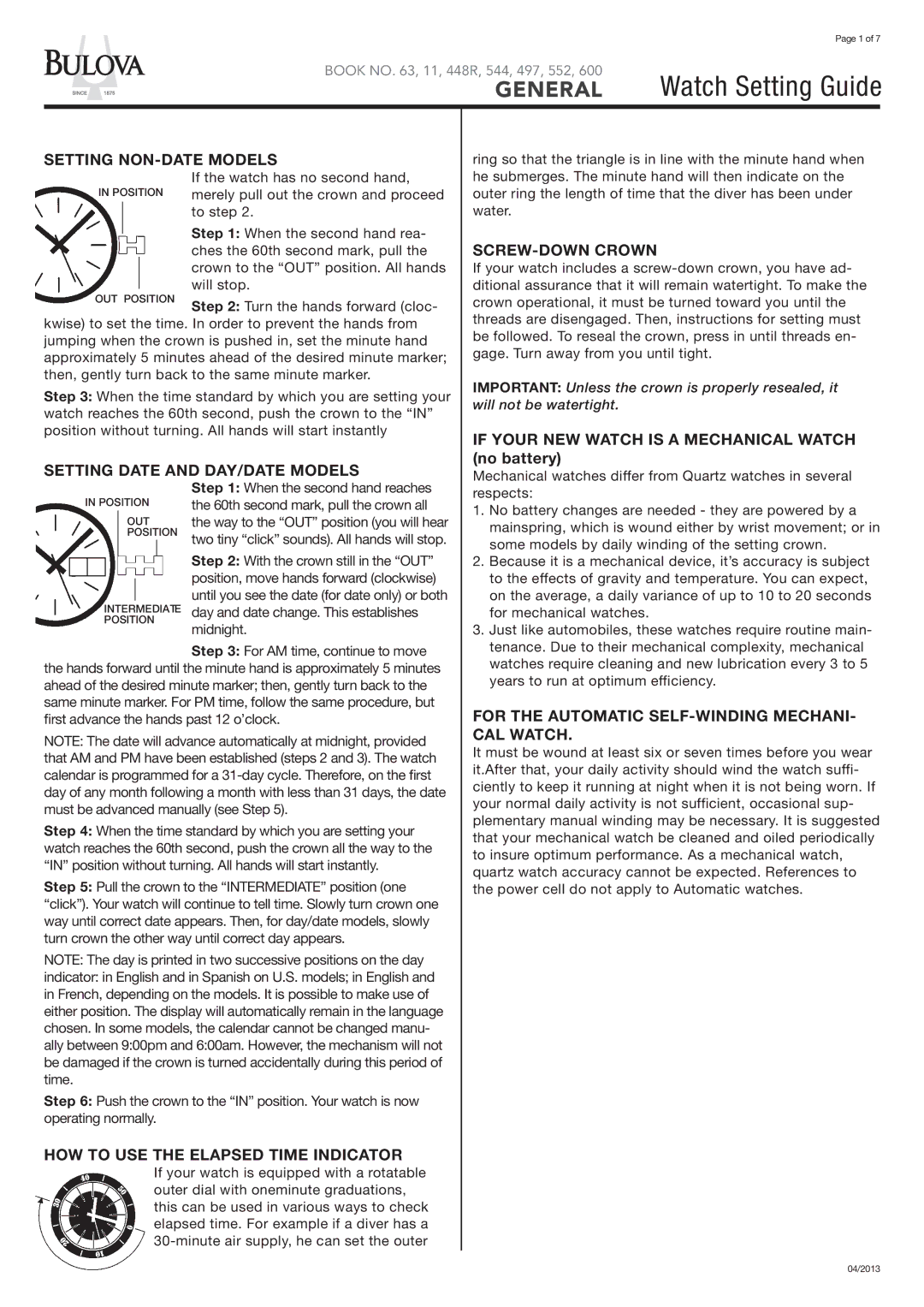 Bulova 96G47 manual Setting NON-DATE Models, Setting Date and DAY/DATE Models, SCREW-DOWN Crown 