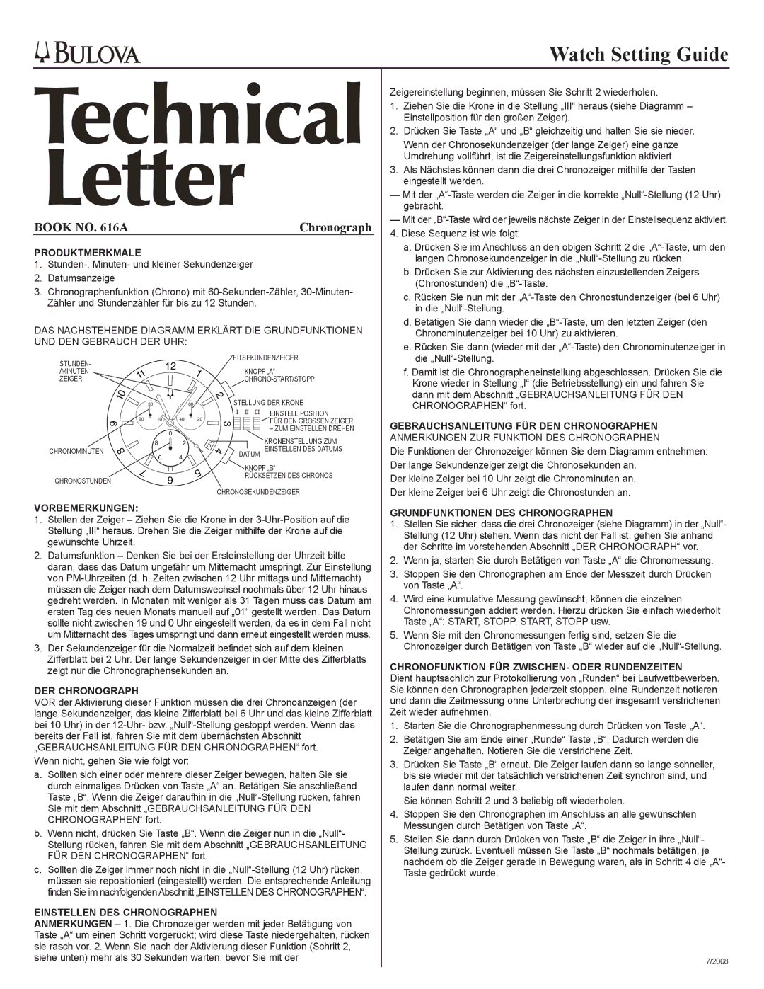 Bulova EI700ATNB, EI700R manual Produktmerkmale, Gebrauchsanleitung FÜR DEN Chronographen, Vorbemerkungen, DER Chronograph 