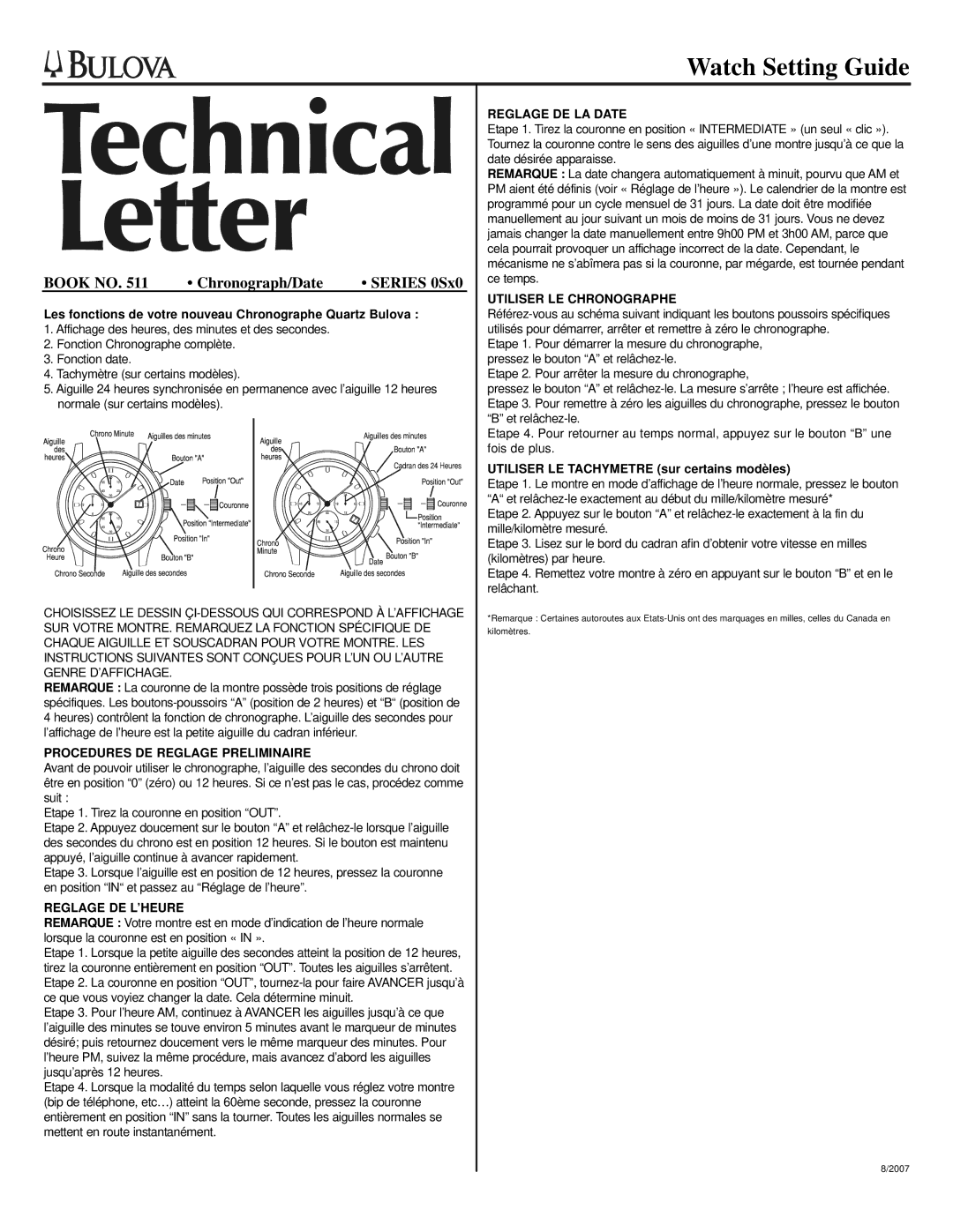 Bulova ET400R manual Procedures DE Reglage Preliminaire, Reglage DE L’HEURE, Reglage DE LA Date, Utiliser LE Chronographe 
