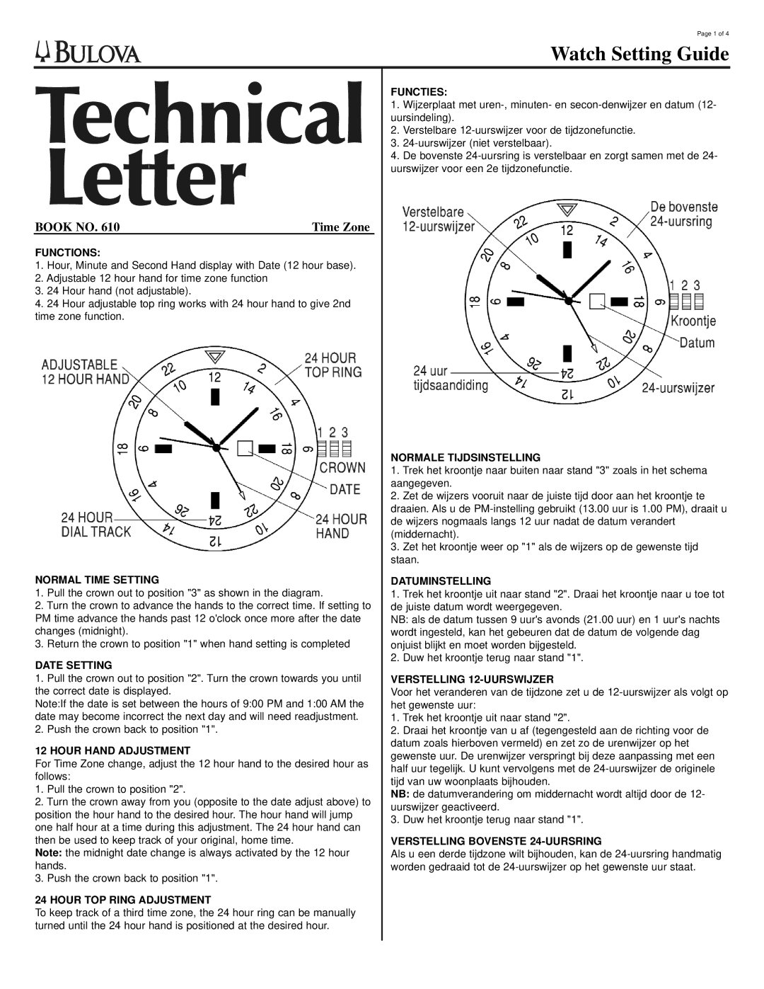 Bulova ET500R manual Functions, Normal Time Setting, Date Setting, Hour Hand Adjustment, Hour TOP Ring Adjustment 