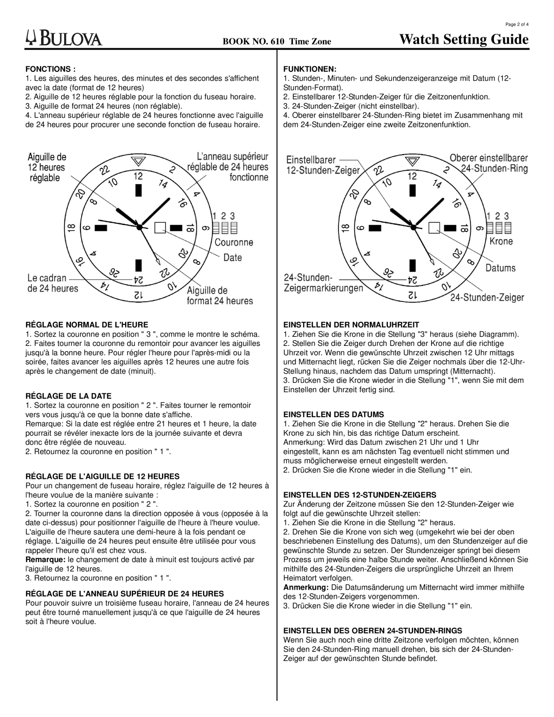 Bulova ET500 manual Fonctions, Réglage Normal DE Lheure, Réglage DE LA Date, Réglage DE Laiguille DE 12 Heures, Funktionen 