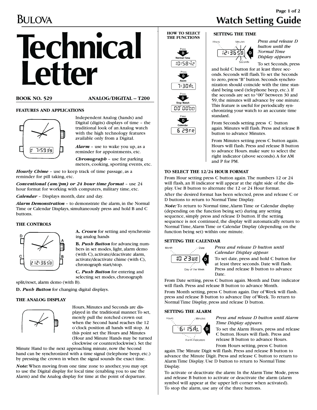 Bulova ET700 manual Setting the Time, Features and Applications, To Select the 12/24 Hour Format, Controls, Analog Display 