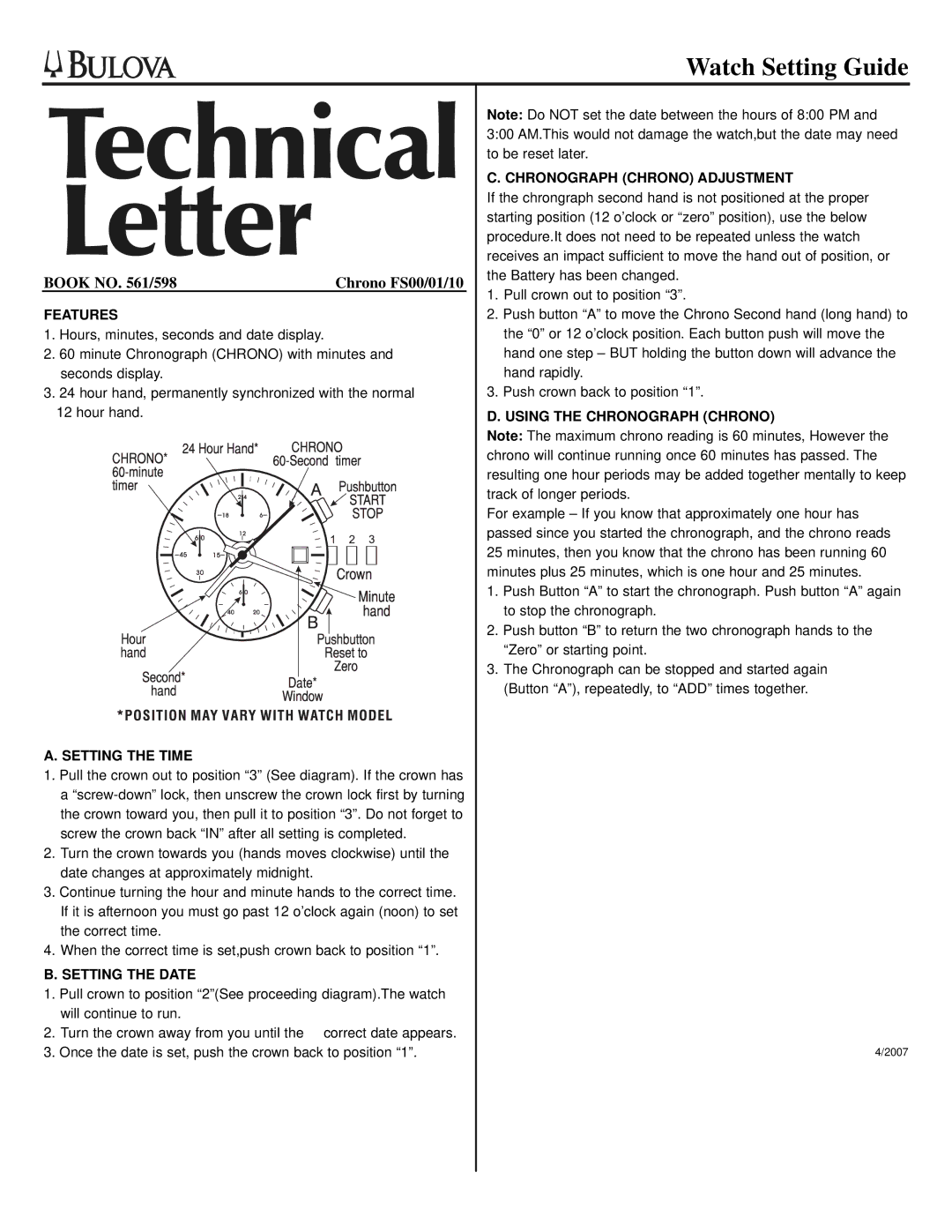 Bulova FS00/01/10 manual Features, Setting the Time, Setting the Date, Chronograph Chrono Adjustment 