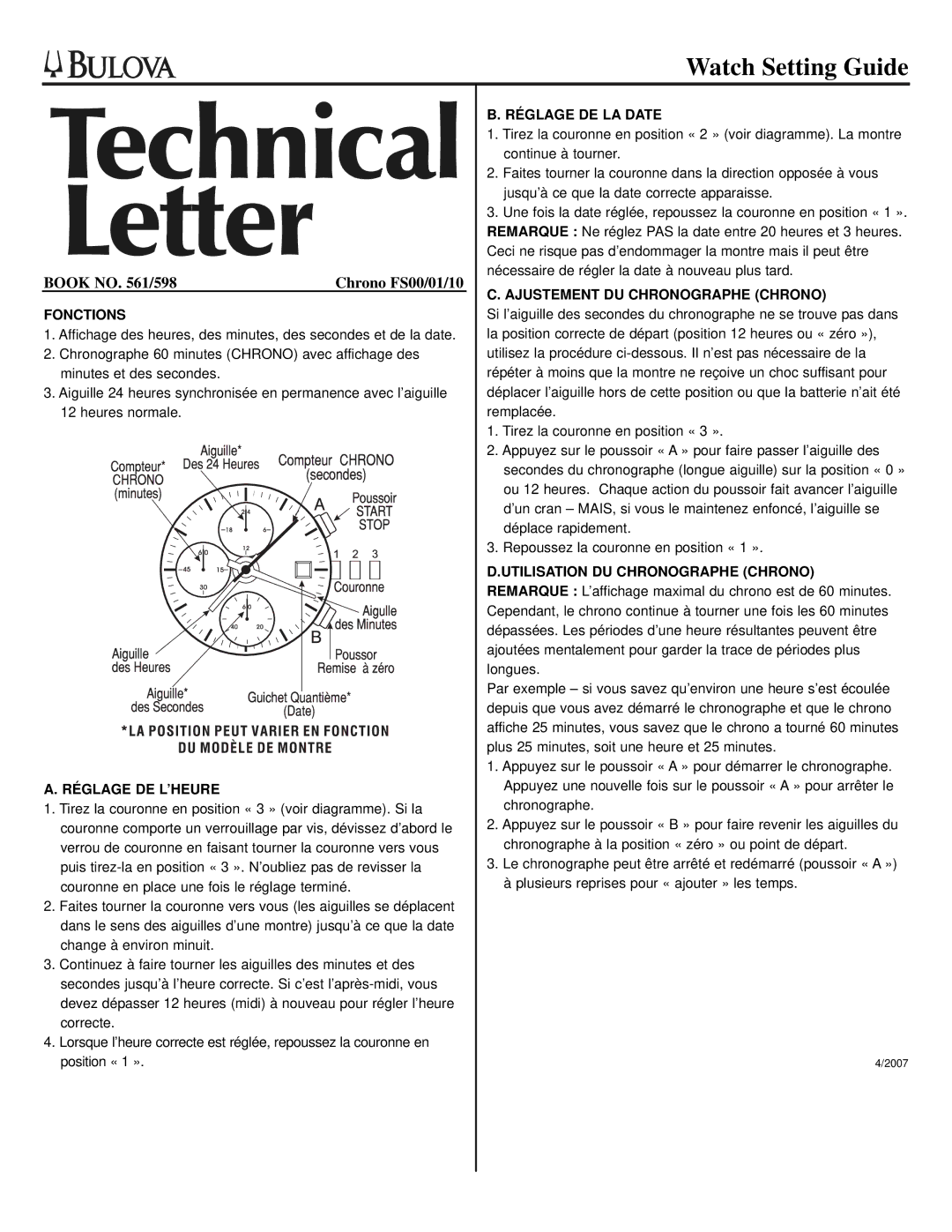 Bulova FS00/01/10 manual Fonctions, Réglage DE L’HEURE, Réglage DE LA Date, Ajustement DU Chronographe Chrono 