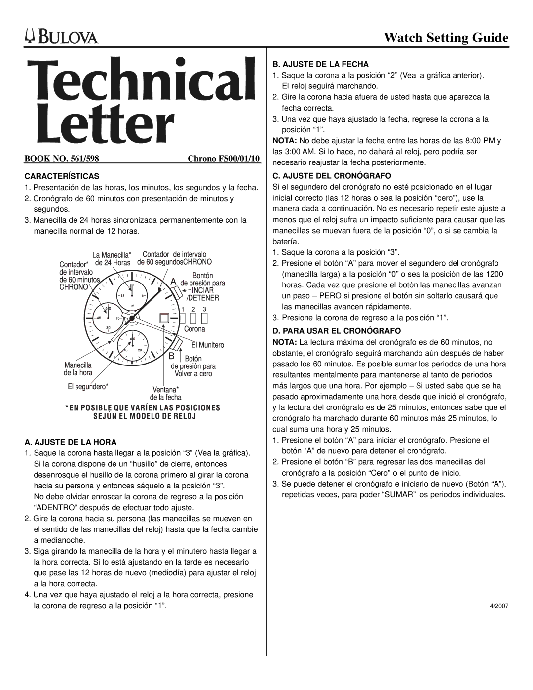 Bulova FS00/01/10 Características, Ajuste DE LA Hora, Ajuste DE LA Fecha, Ajuste DEL Cronógrafo, Para Usar EL Cronógrafo 