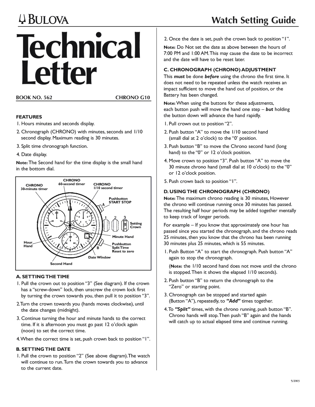 Bulova G10 manual Technical Letter 