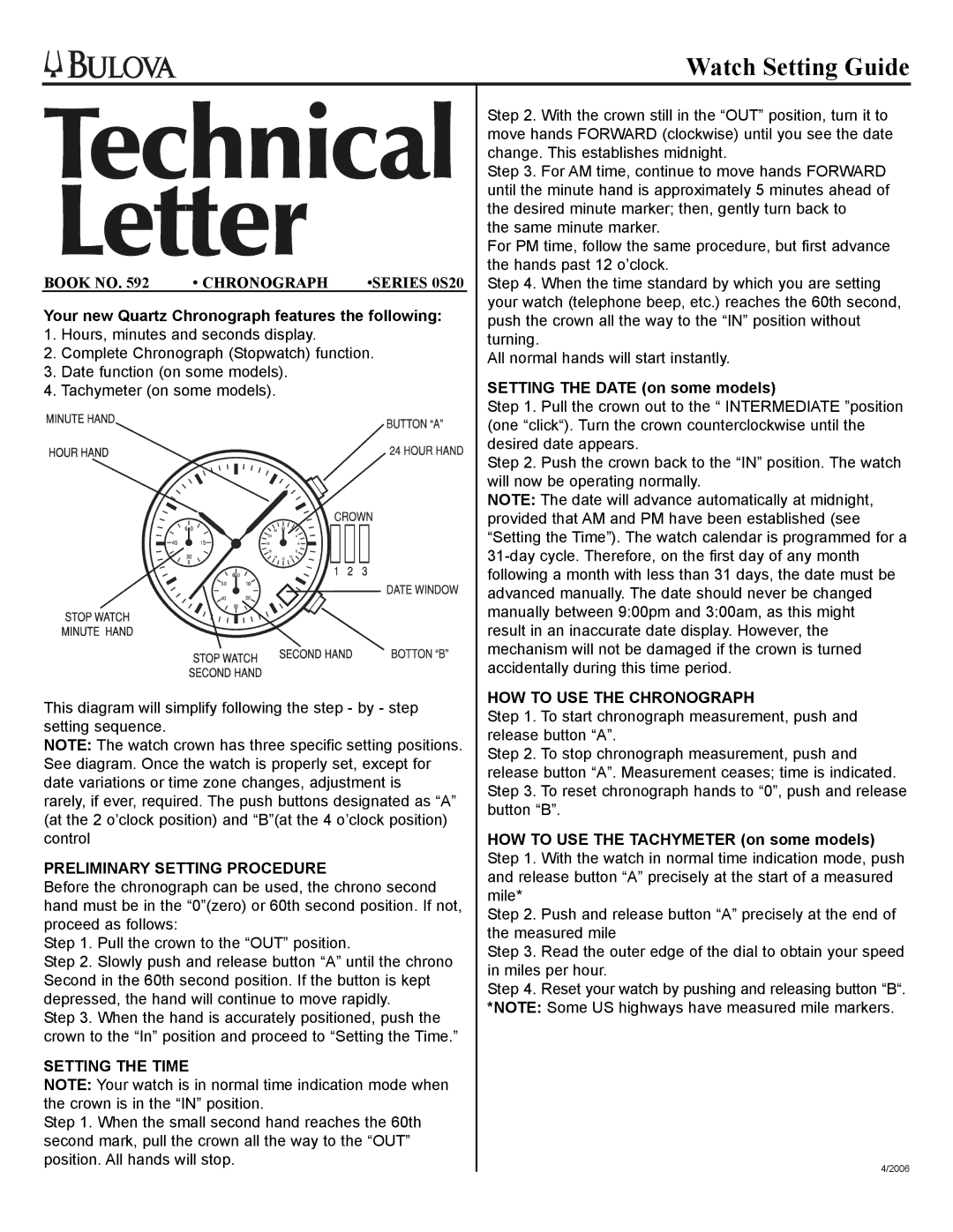 Bulova OS20 manual Watch Setting Guide 