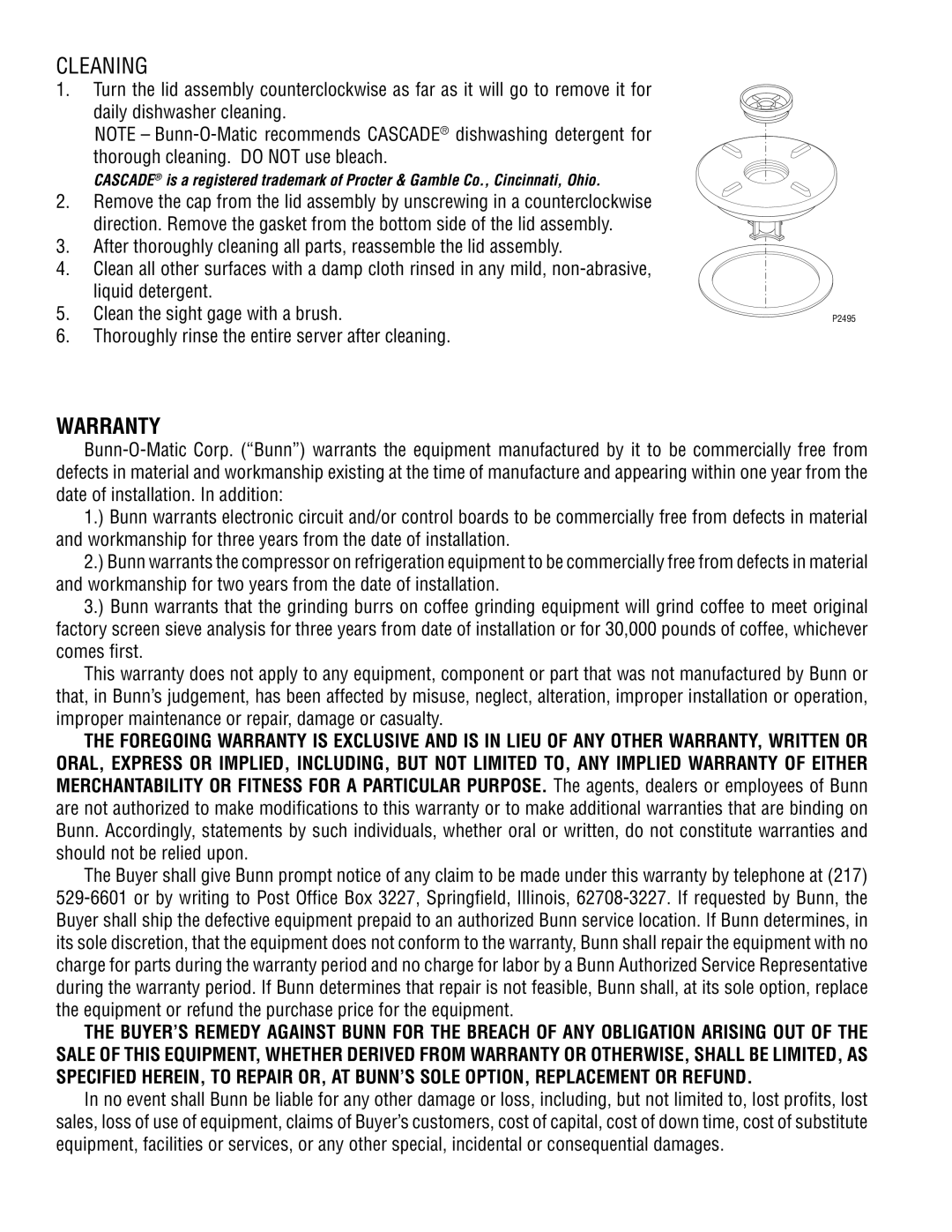 Bunn 2 GPR, 1.5, 1.75 operating instructions Cleaning, Warranty 