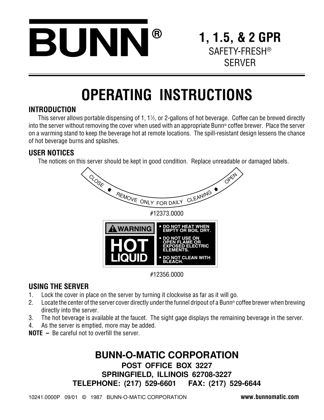 Bunn 1 GPR manual Bunn, Operating Instructions, BUNN-O-MATIC Corporation 