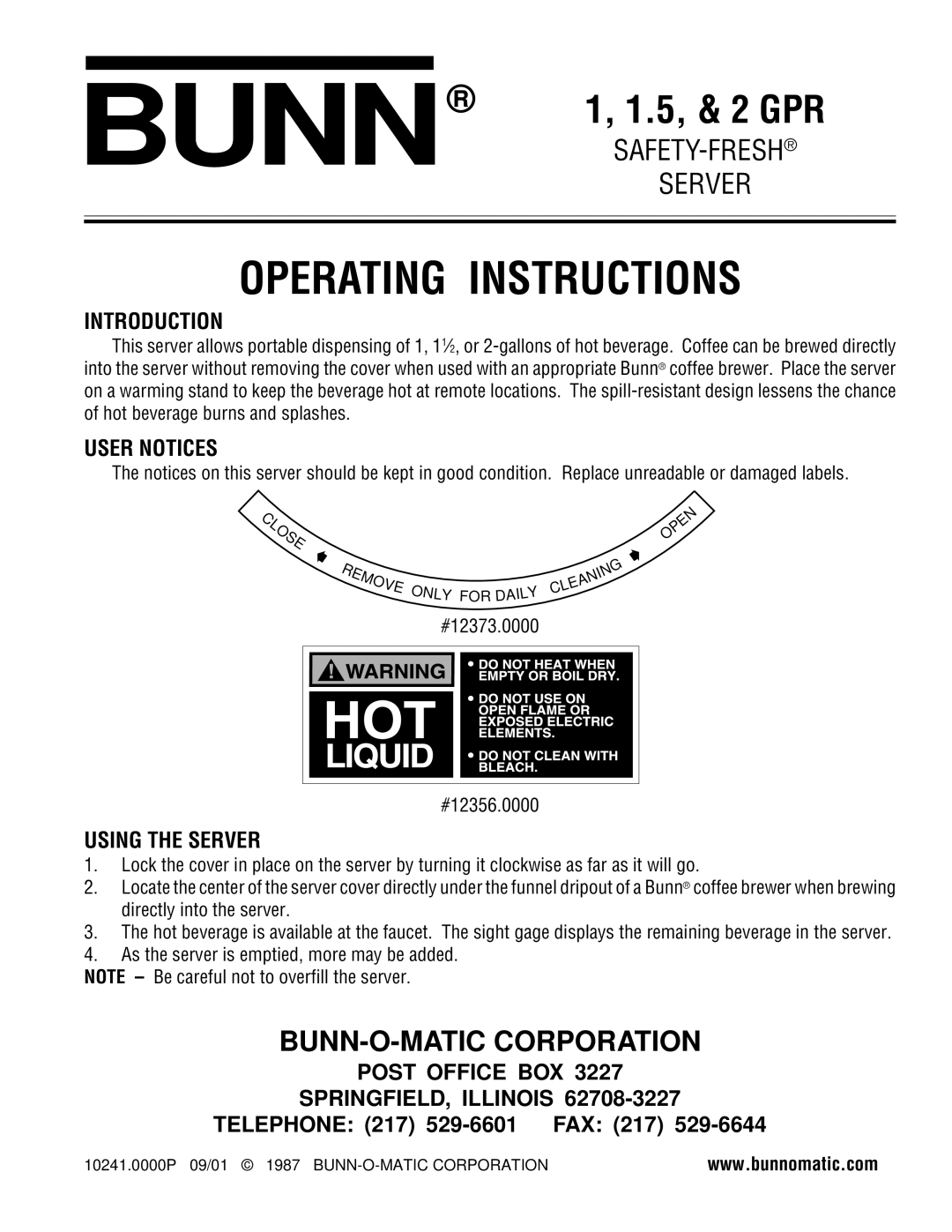 Bunn 1 GPR operating instructions Bunn, Operating Instructions, BUNN-O-MATIC Corporation 