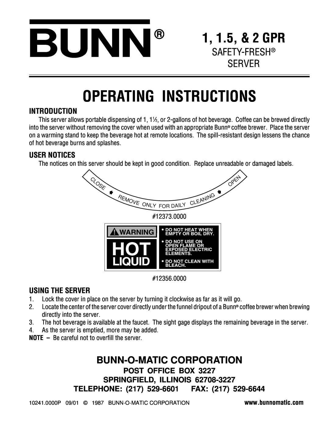 Bunn 1 GPR manual Safety-Fresh, Introduction, User Notices, Using The Server, Post Office Box Springfield, Illinois, Bunn 