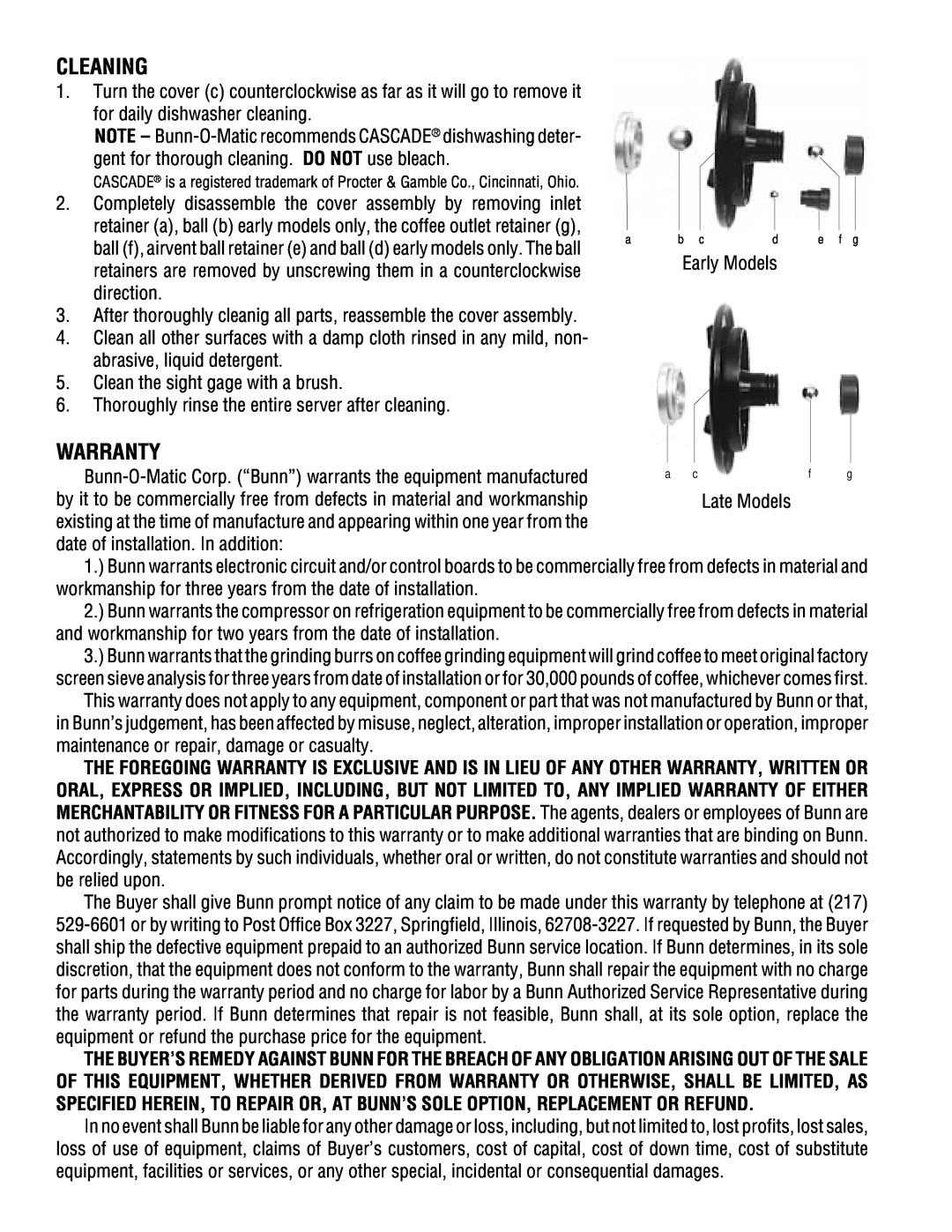 Bunn 1 GPR operating instructions Cleaning, Warranty 