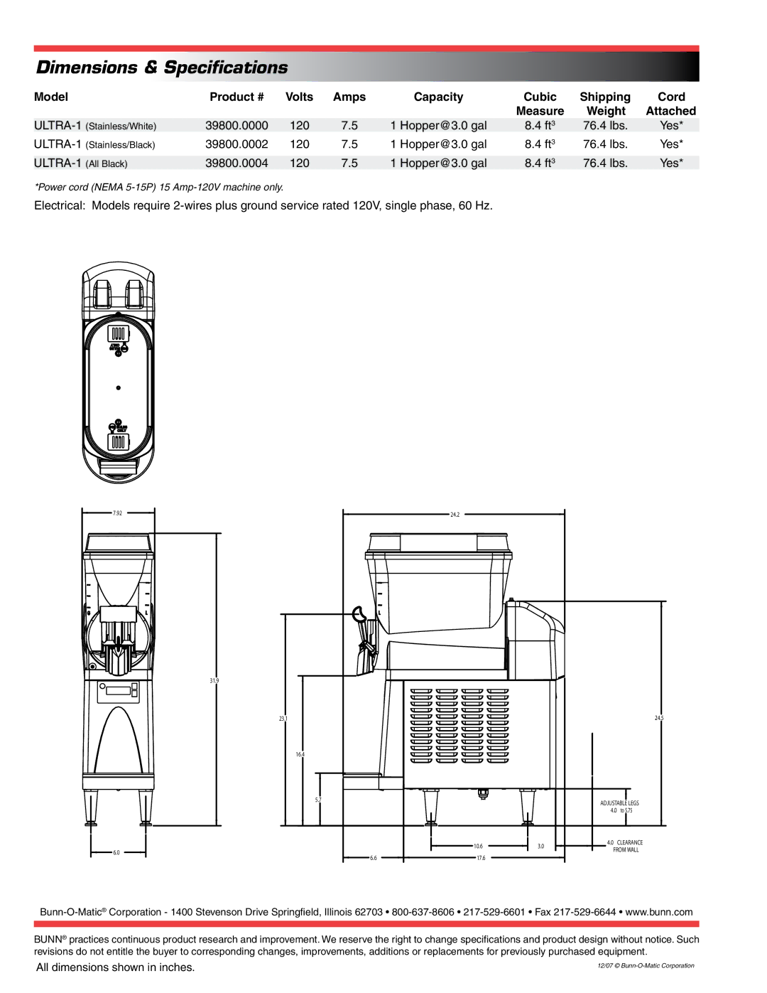 Bunn 1 Hopper specifications Dimensions & Specifications, Model, Amps 