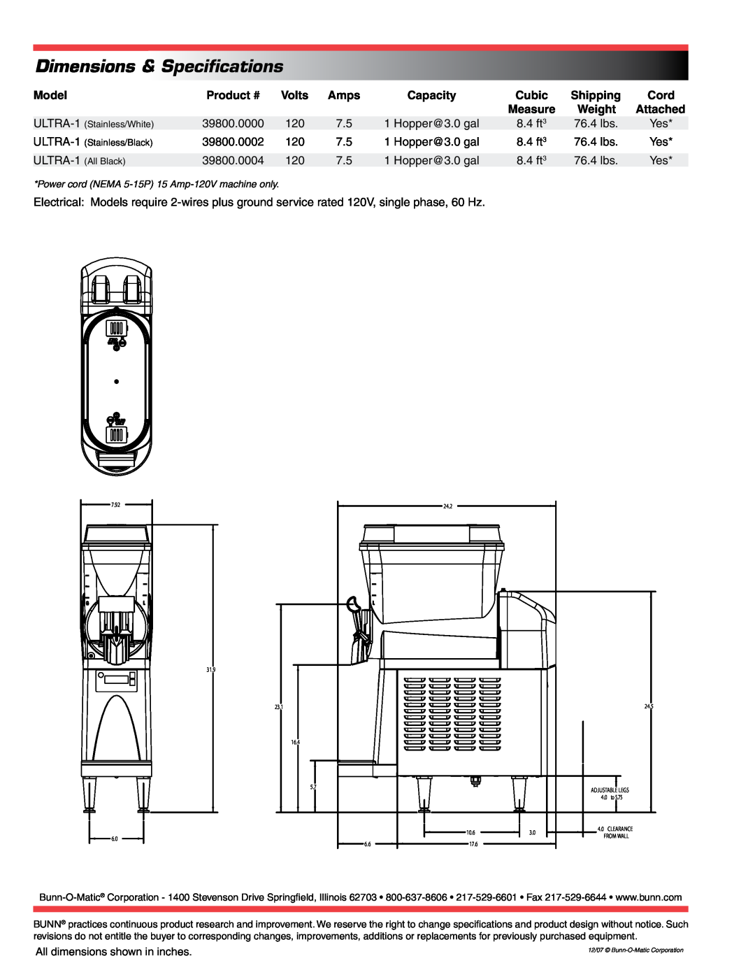 Bunn 1 Hopper specifications Amps, Dimensions & Specifications, Model 