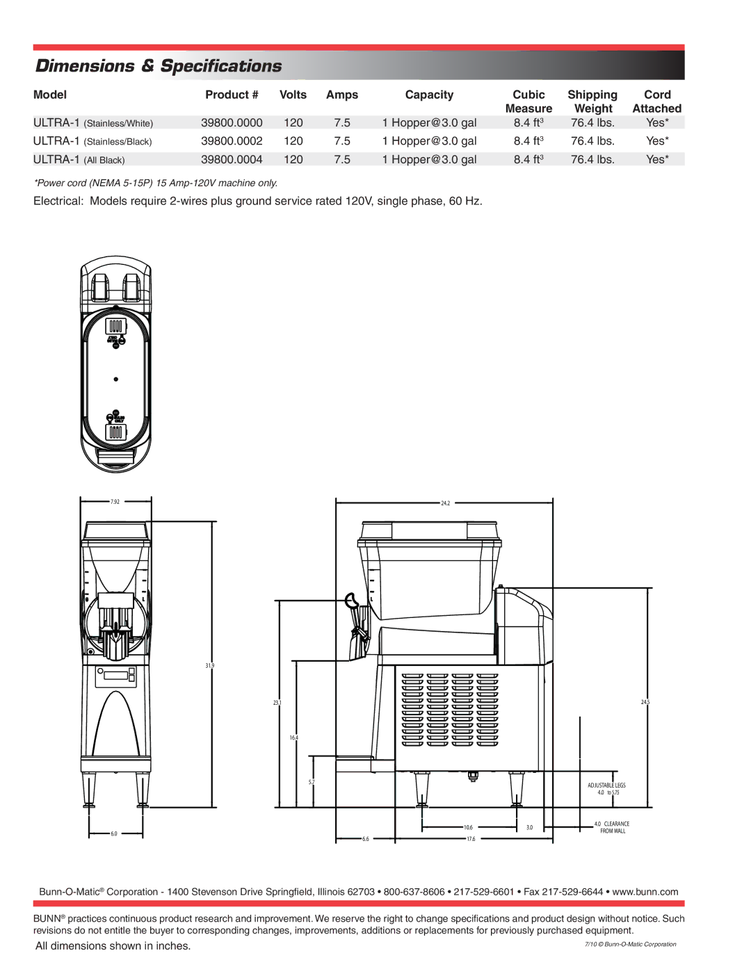 Bunn 1 specifications Dimensions & Specifications, Model, Amps 