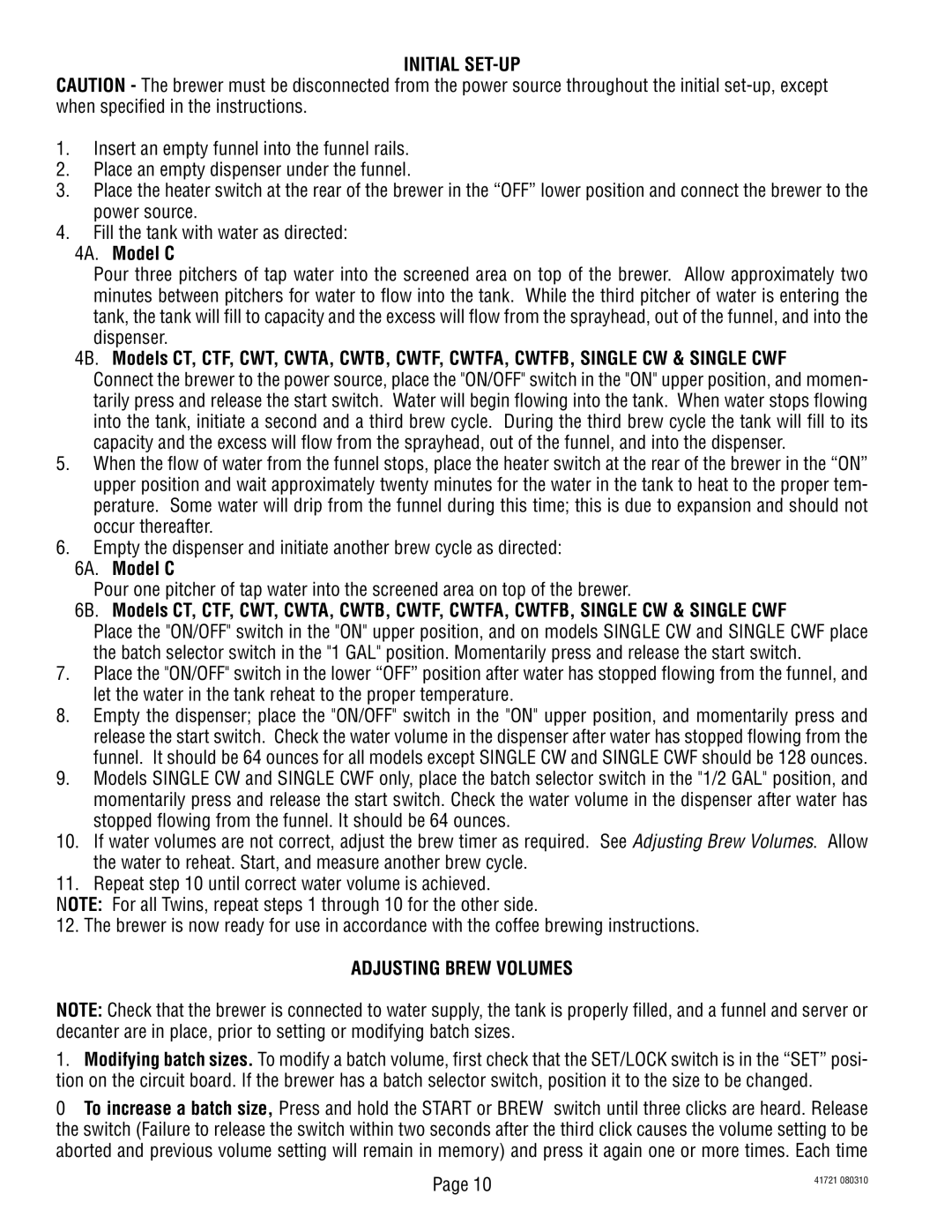 Bunn 10690 service manual Initial SET-UP, Adjusting Brew Volumes 