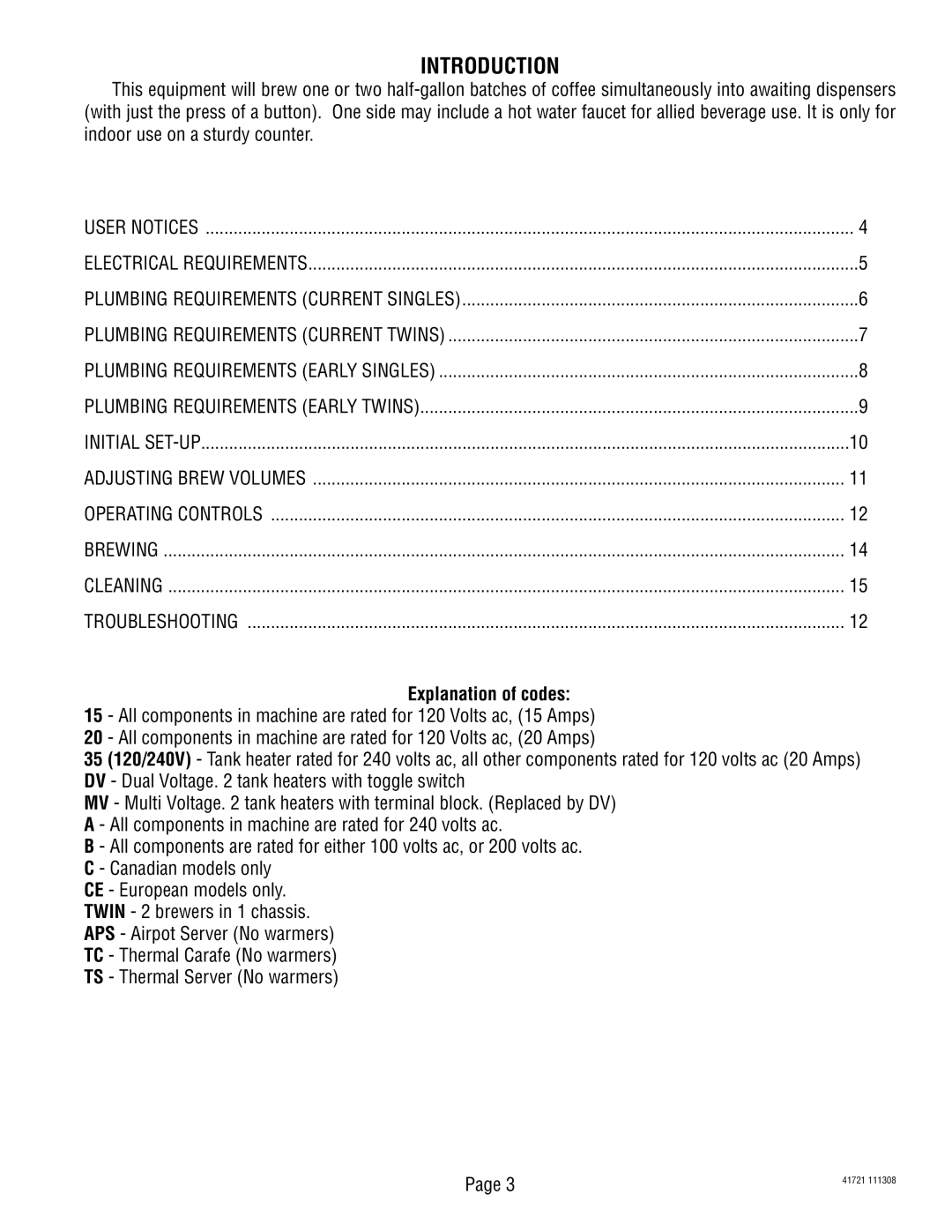 Bunn 10690 service manual Introduction, Explanation of codes 