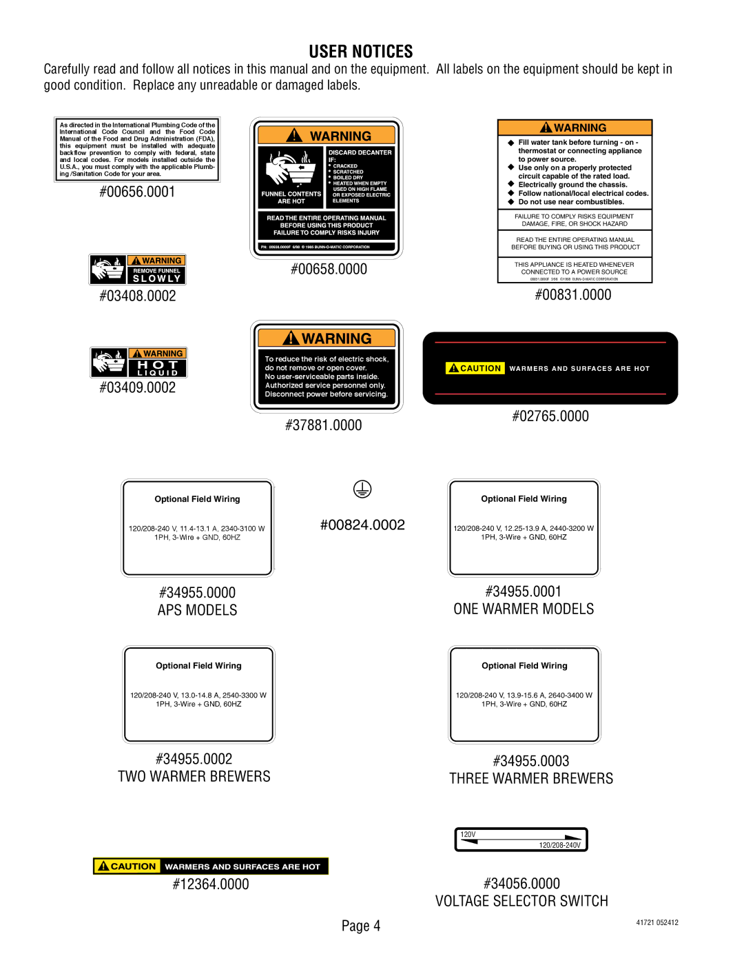 Bunn 10690 service manual User Notices, APS Models 