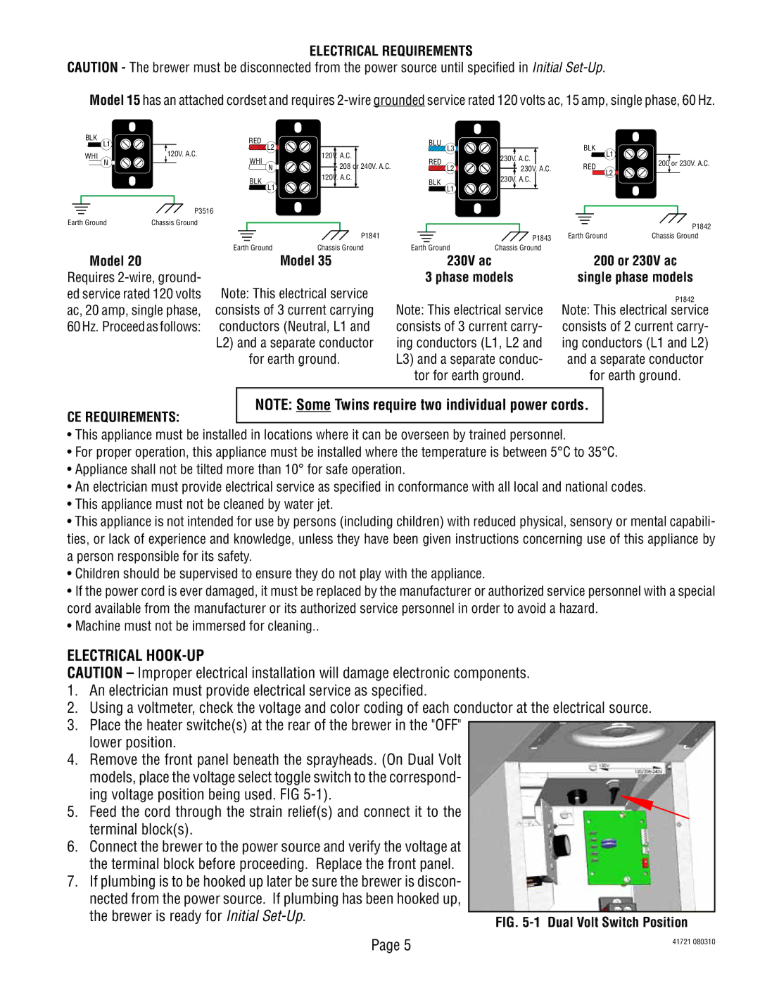 Bunn 10690 service manual Electrical HOOK-UP, Electrical Requirements 