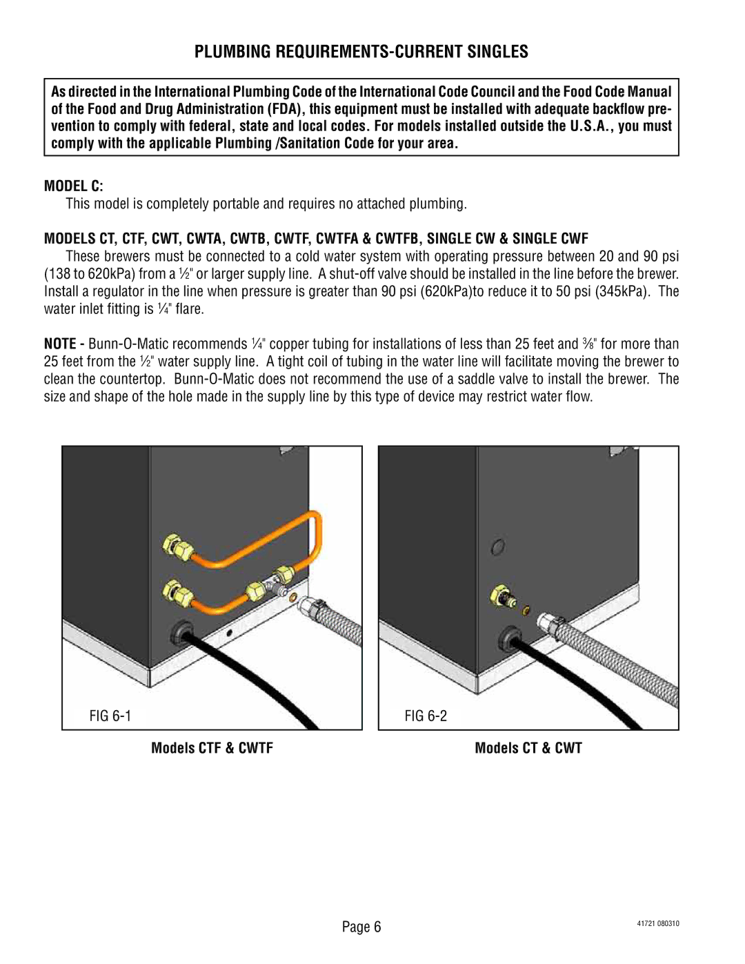 Bunn 10690 service manual Plumbing REQUIREMENTS-CURRENT Singles, Model C 