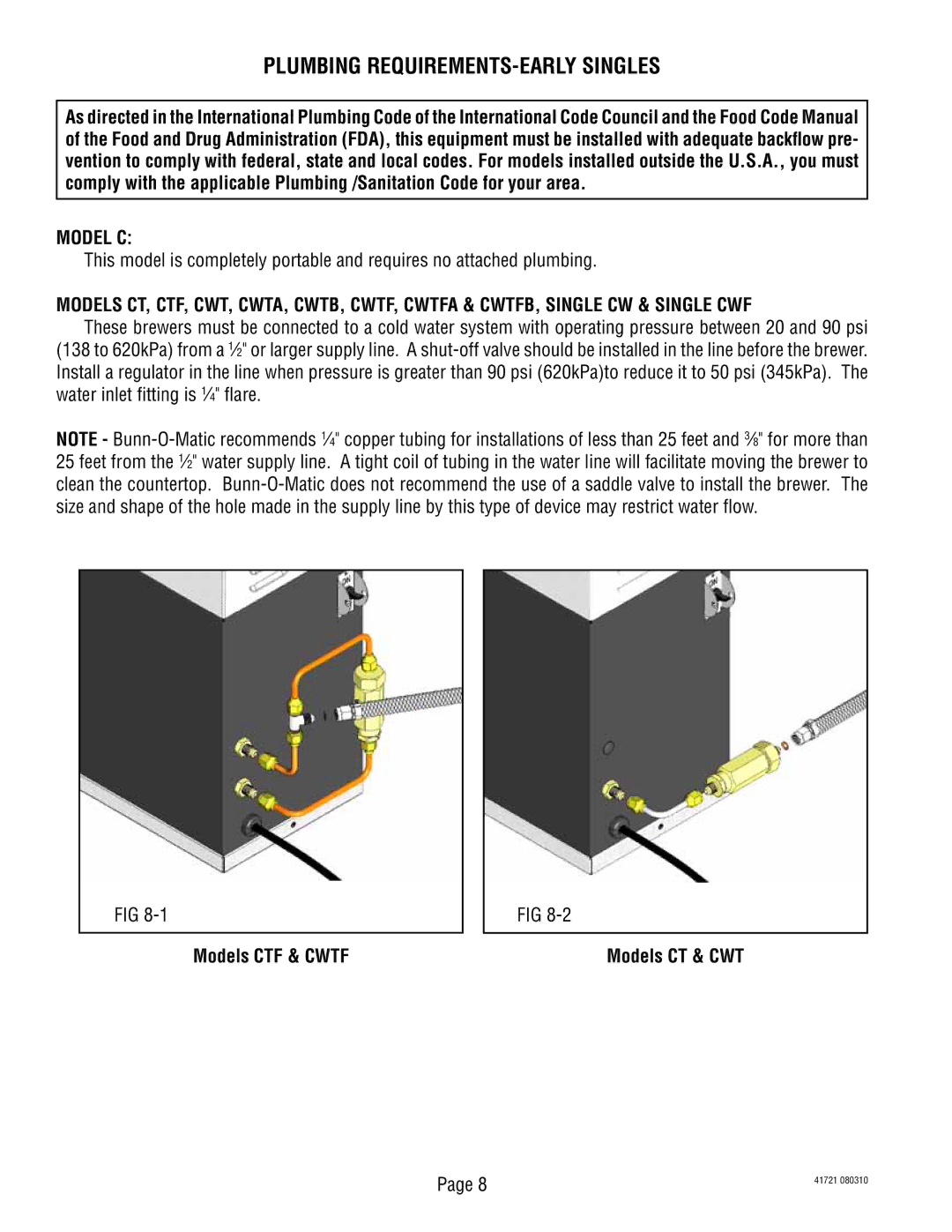 Bunn 10690 service manual Plumbing REQUIREMENTS-EARLY Singles 