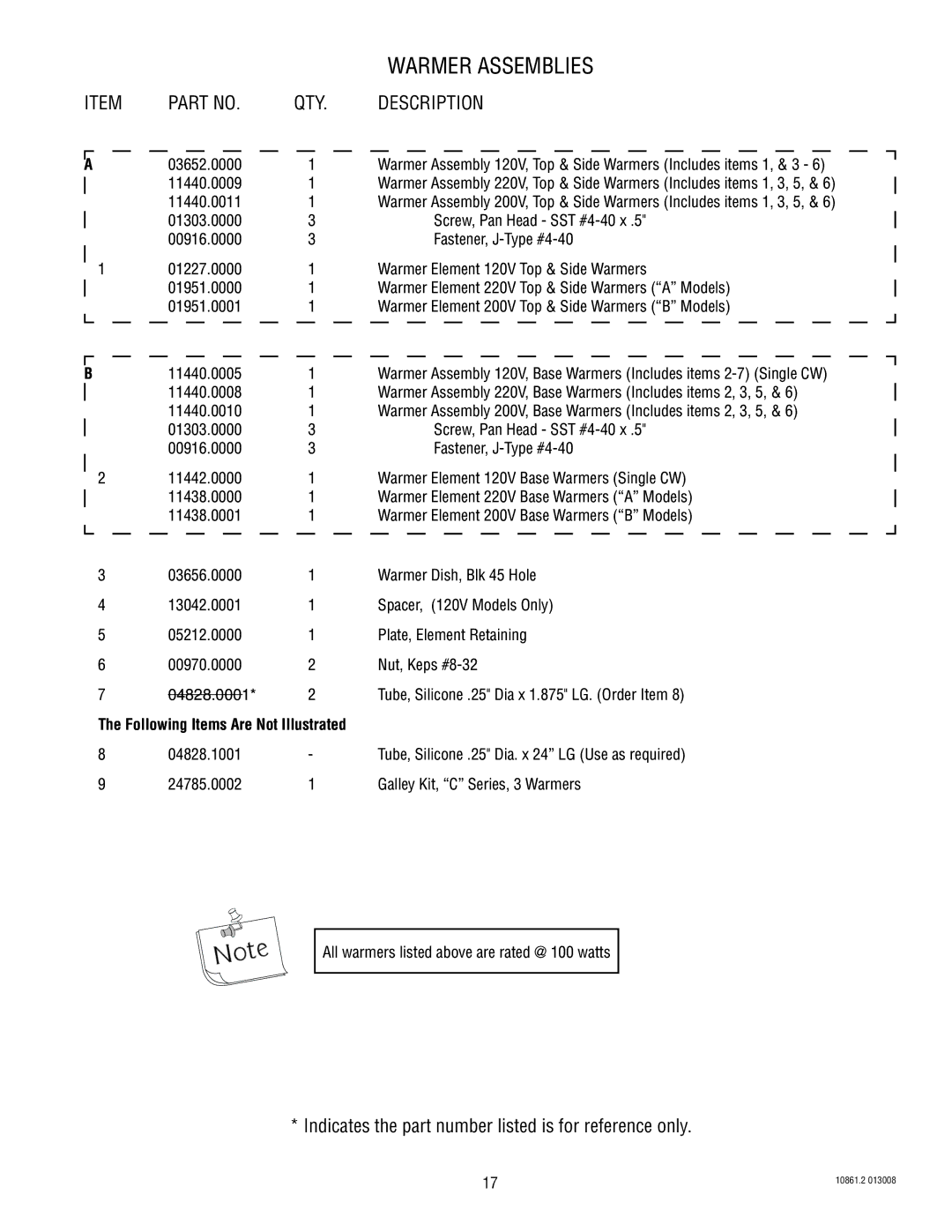 Bunn 10861 specifications Warmer Assemblies, 04828.0001 