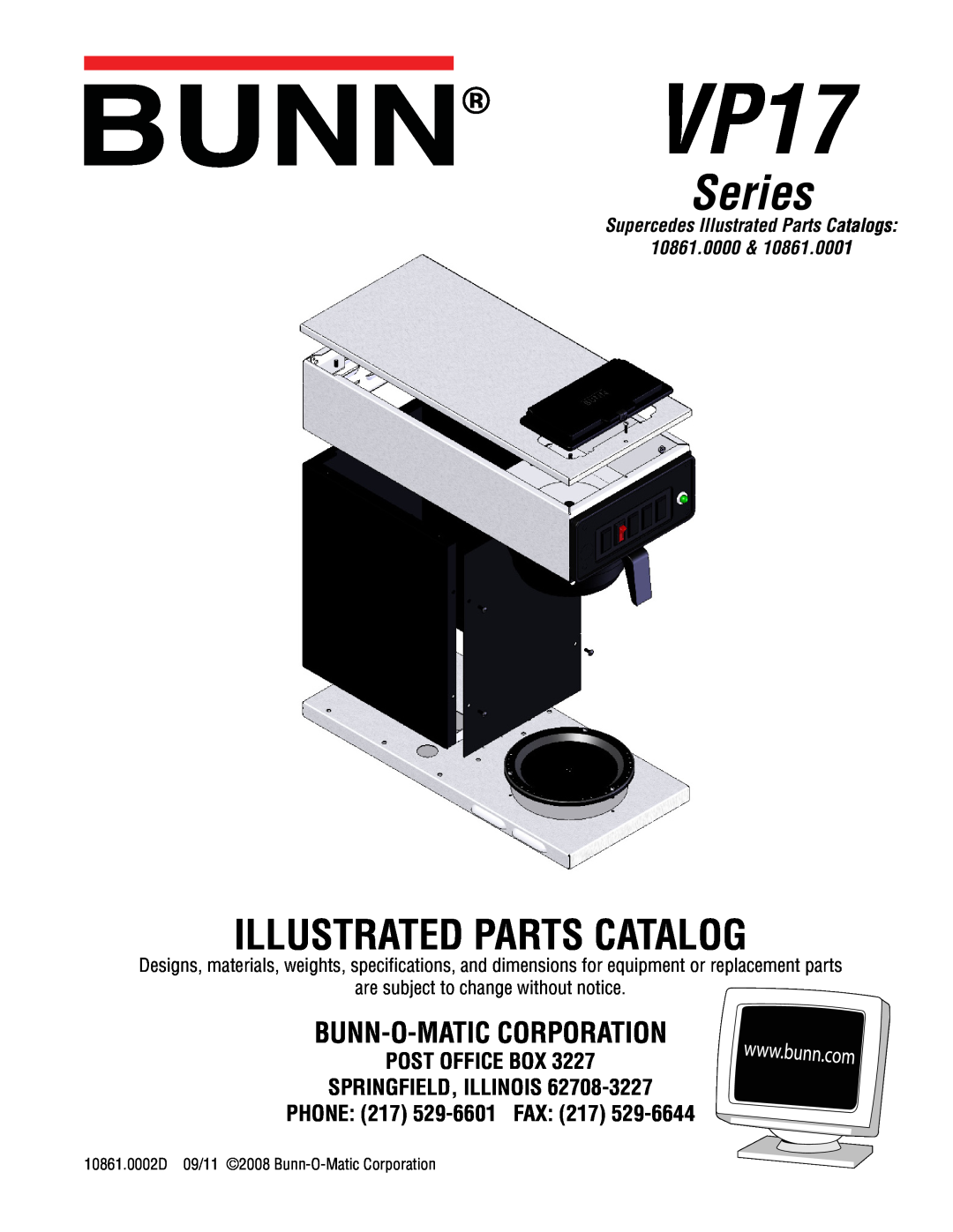 Bunn 10861 specifications Bunn-O-Matic Corporation, VP17, Series, Illustrated Parts Catalog 