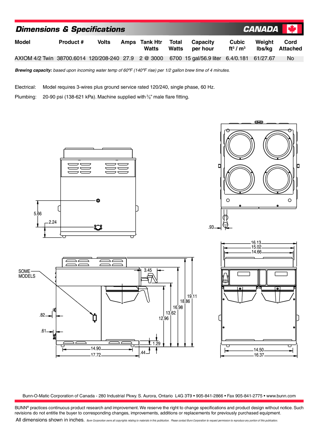 Bunn 120/240V, 120/208V specifications Canada, Model Product # Volts Amps Tank Htr Total Capacity Cubic, Cord 