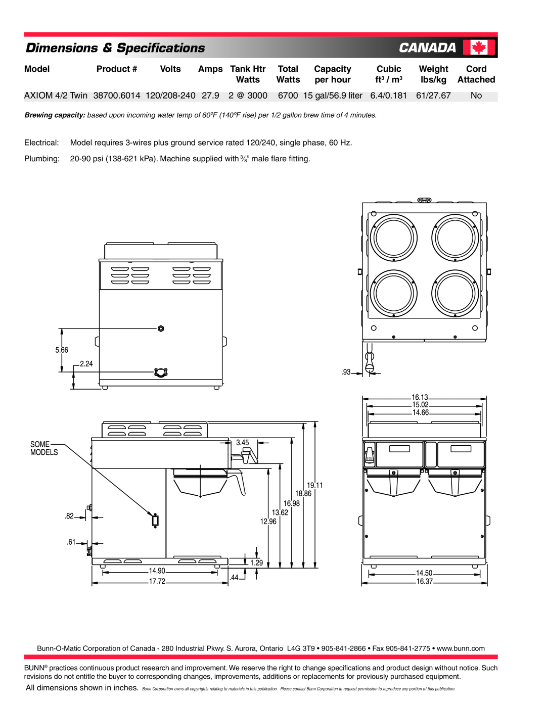 Bunn 120/240V, 120/208V specifications Canada, Dimensions & Specifications 