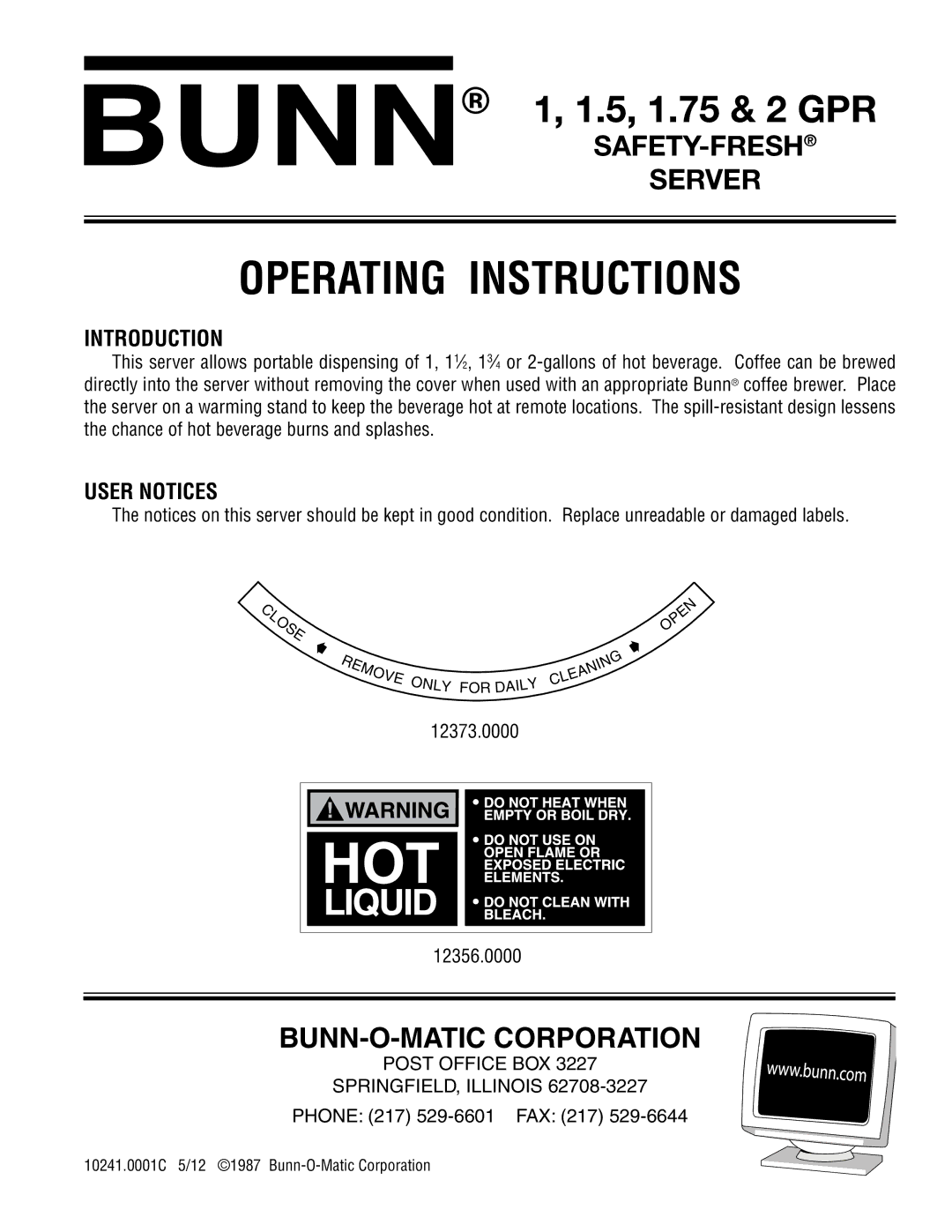 Bunn 12410001C manual Operating Instructions, SAFETY-FRESH Server, BUNN-O-MATIC Corporation, Introduction, User Notices 