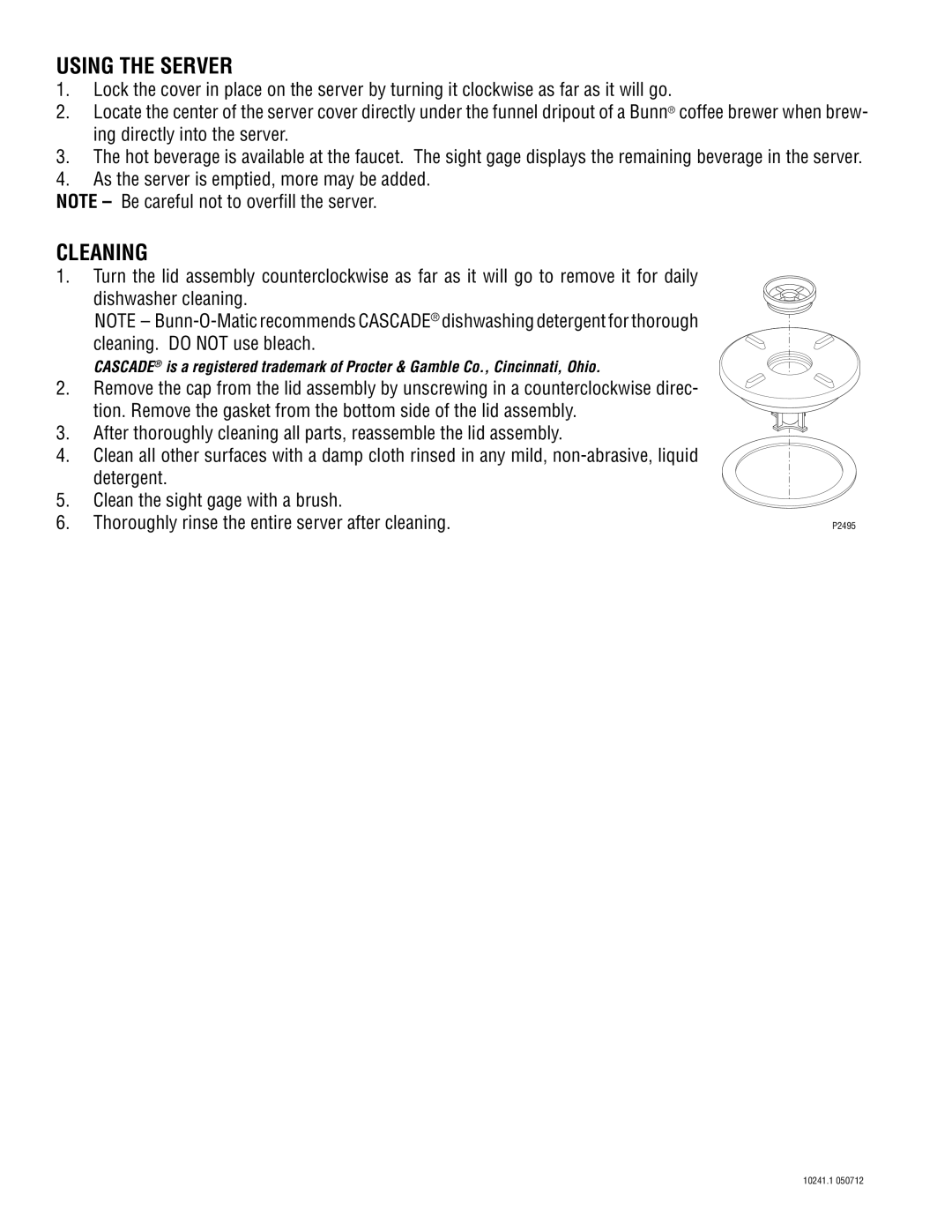 Bunn 12410001C manual Using the Server, Cleaning 