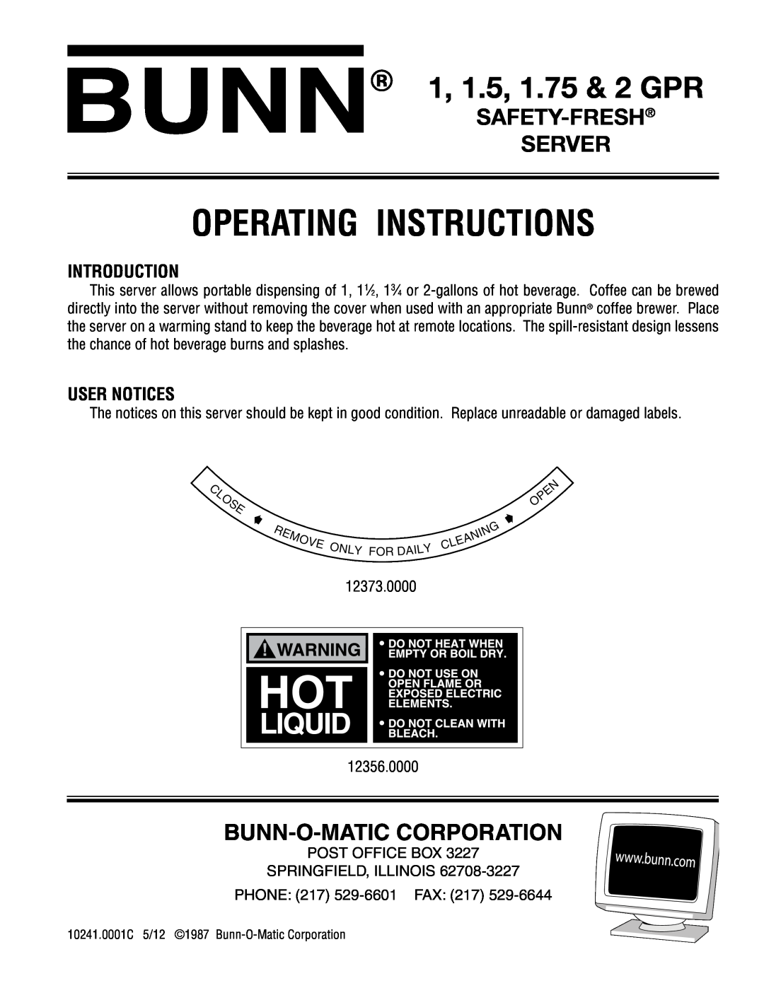 Bunn 12410001C manual Introduction, User Notices, Operating Instructions, 1, 1.5, 1.75 & 2 GPR, Safety-Fresh Server 