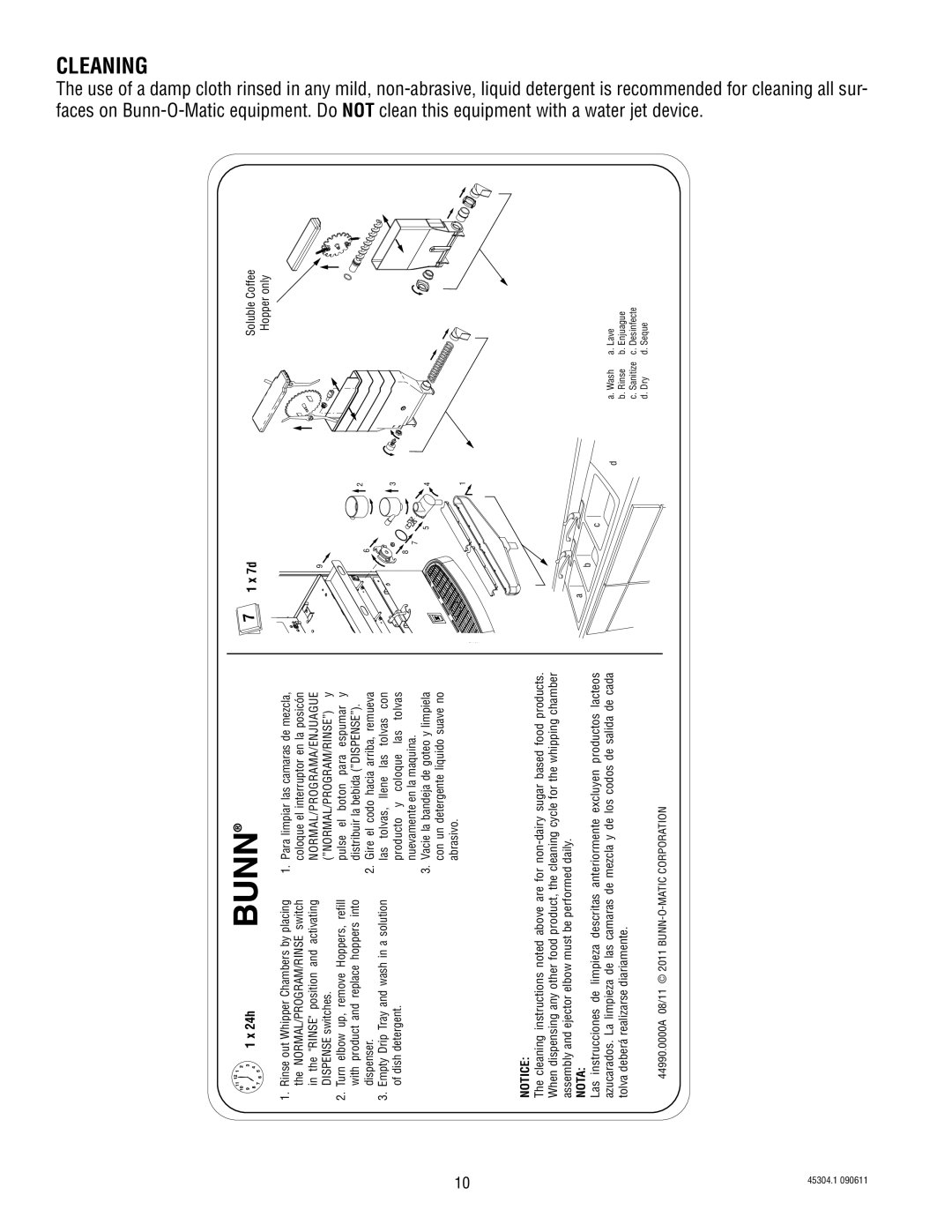 Bunn 14 manual Cleaning, Nota 