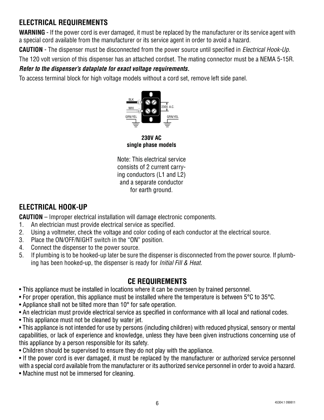 Bunn 14 manual Electrical Requirements, Electrical HOOK-UP, CE Requirements 