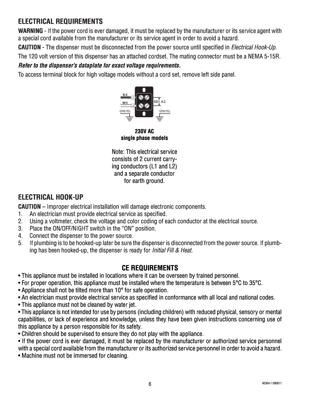 Bunn 14 manual Electrical Requirements, Electrical Hook-Up, Ce Requirements 