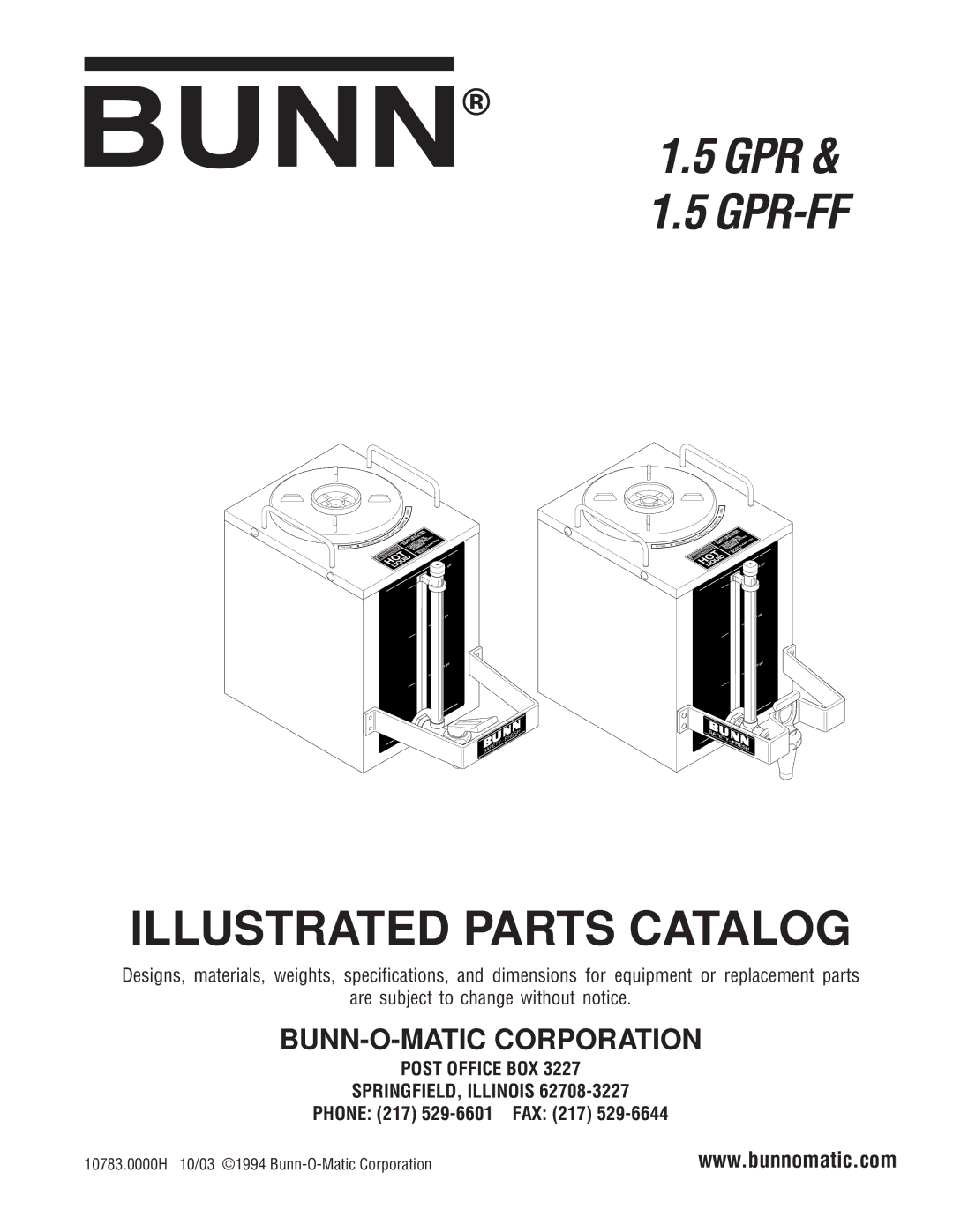 Bunn 1.5 GPR-FF specifications Gpr Gpr-Ff 