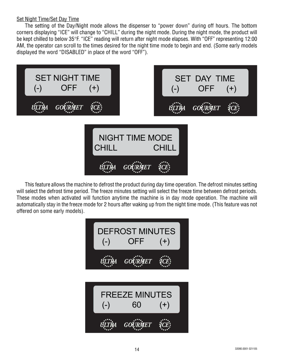 Bunn 2 manual SET Night Time SET DAY Time, Off +, Night Time Mode Chill Chill, Defrost Minutes OFF + Freeze Minutes 