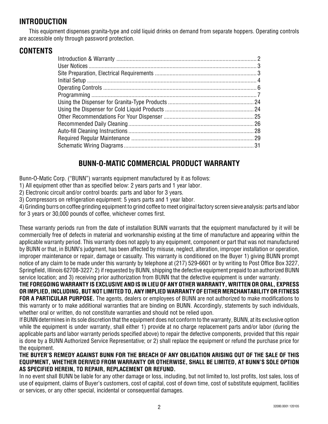 Bunn 2 manual Introduction, Contents, BUNN-O-MATIC Commercial Product Warranty 