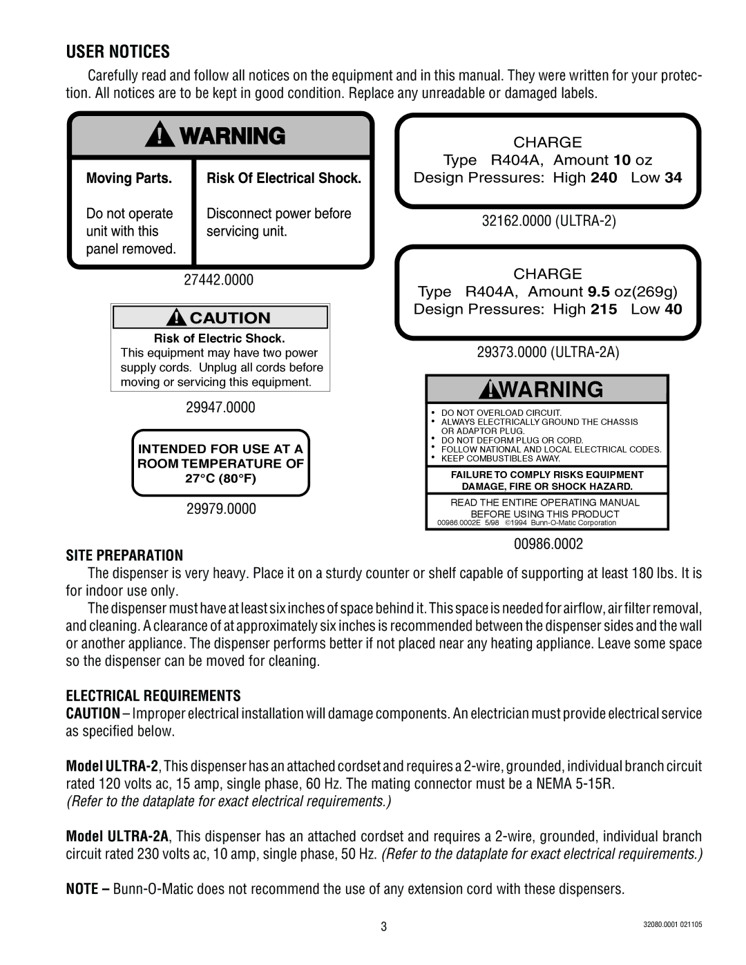 Bunn manual User Notices, 29947.0000, 29979.0000, 00986.0002 