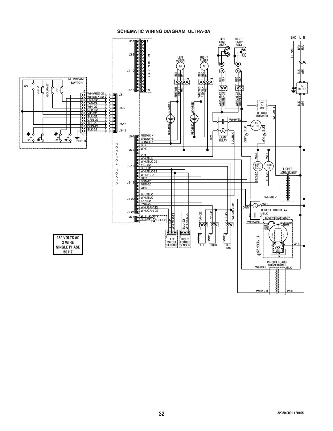 Bunn manual SCHEMATIC WIRING DIAGRAM ULTRA-2A, Volts Ac, Wire, Single Phase, 50 HZ, 32080.0001 