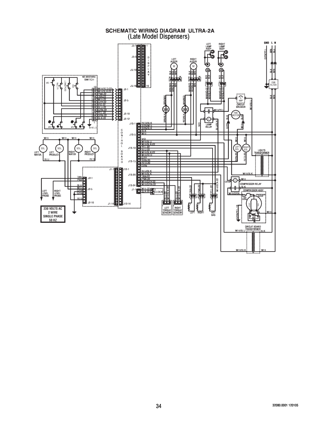 Bunn manual SCHEMATIC WIRING DIAGRAM ULTRA-2A, 50 HZ, Volts Ac, Wire, Single Phase 